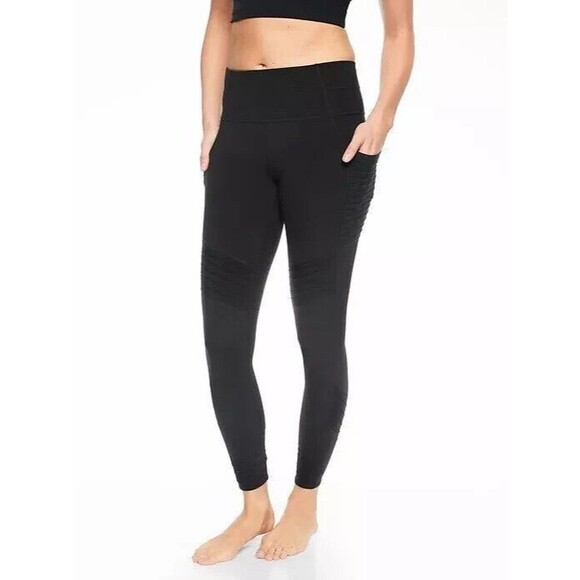 ATHLETA Stash Pocket Moto Tight S Powervita Black Stretch Yoga Gym EUC B6 - Picture 1 of 6